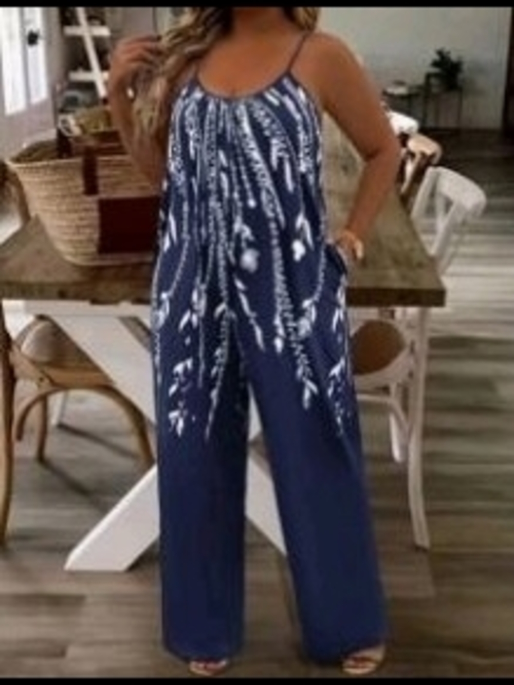 SHEIN Navy Blue & White Printed Spaghetti-Strap Wide-Leg Jumpsuit
